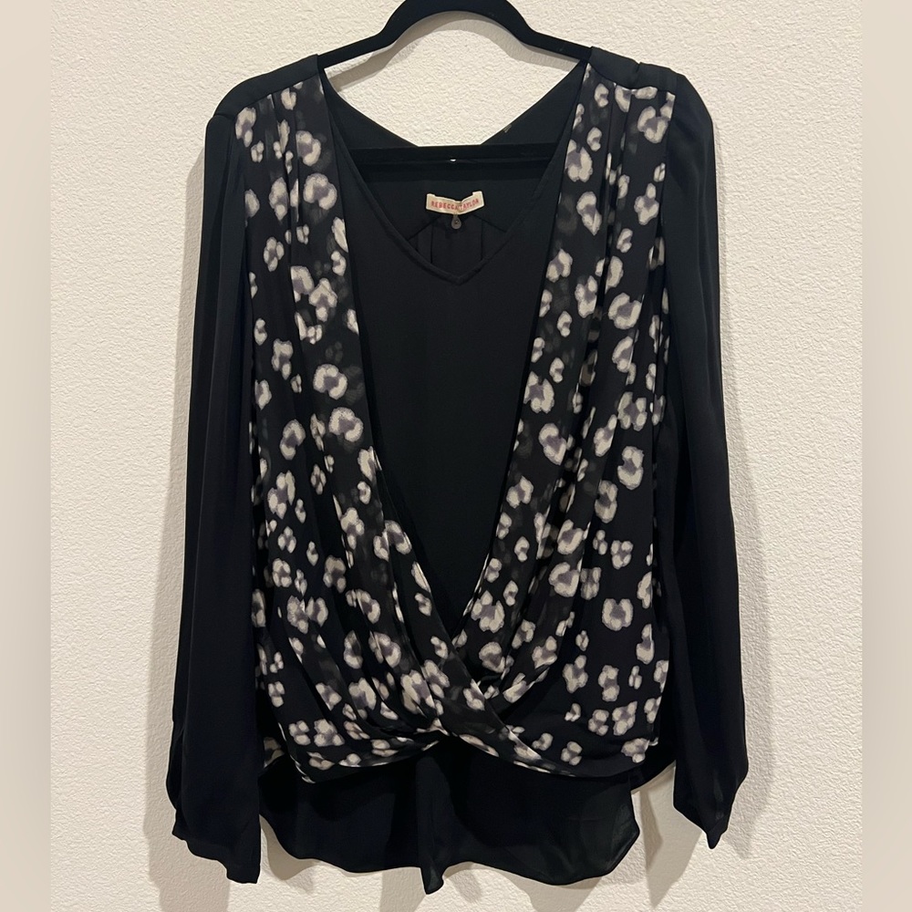 Rebecca Taylor 100% silk blouse with patterned overlap fabric with faux wrap